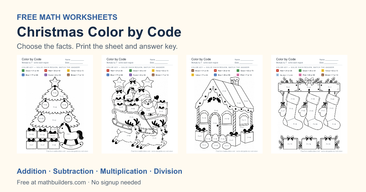 Four Christmas math coloring worksheets