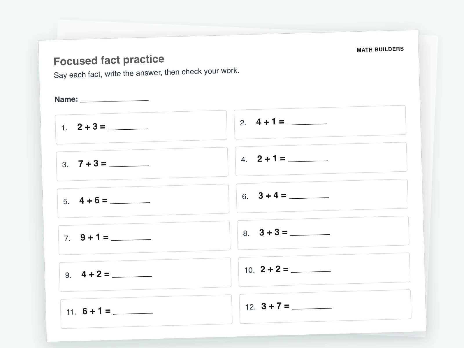 Printed Math Builders addition worksheet with twelve facts and a line for each answer